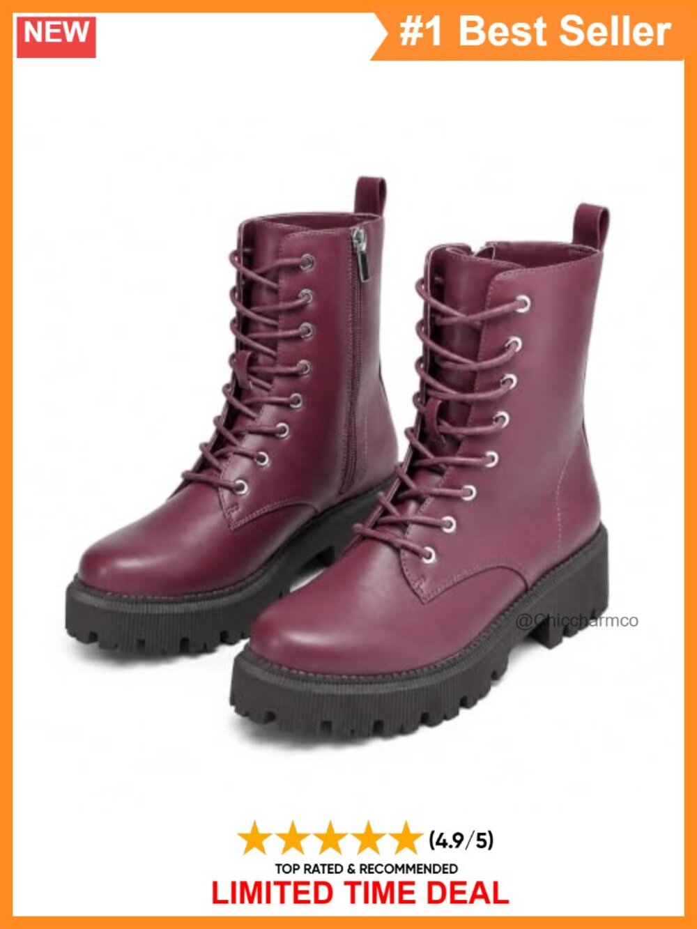 Combat Boots Mid Calf Chunky Platform Lace Up PU Leather